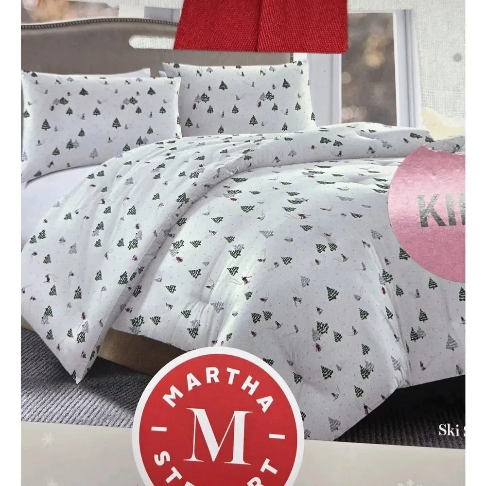 MARTHA STEWART Holiday Christmas Tree Skier Red Green 3 piece King Quilt Set NEW